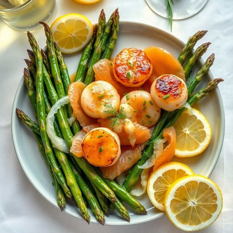 Gegrillter Spargel mit Jakobsmuscheln, Räucherlachs und Zitronen-Vinaigrette