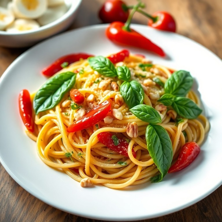 Espaguetis Primavera con Pimientos Piquillo y Albahaca