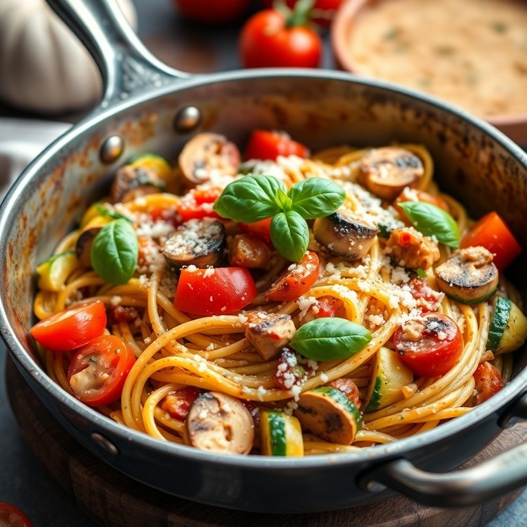 Mediterrane Gemüse-Pfanne mit Pasta (Vegetarische Variante)