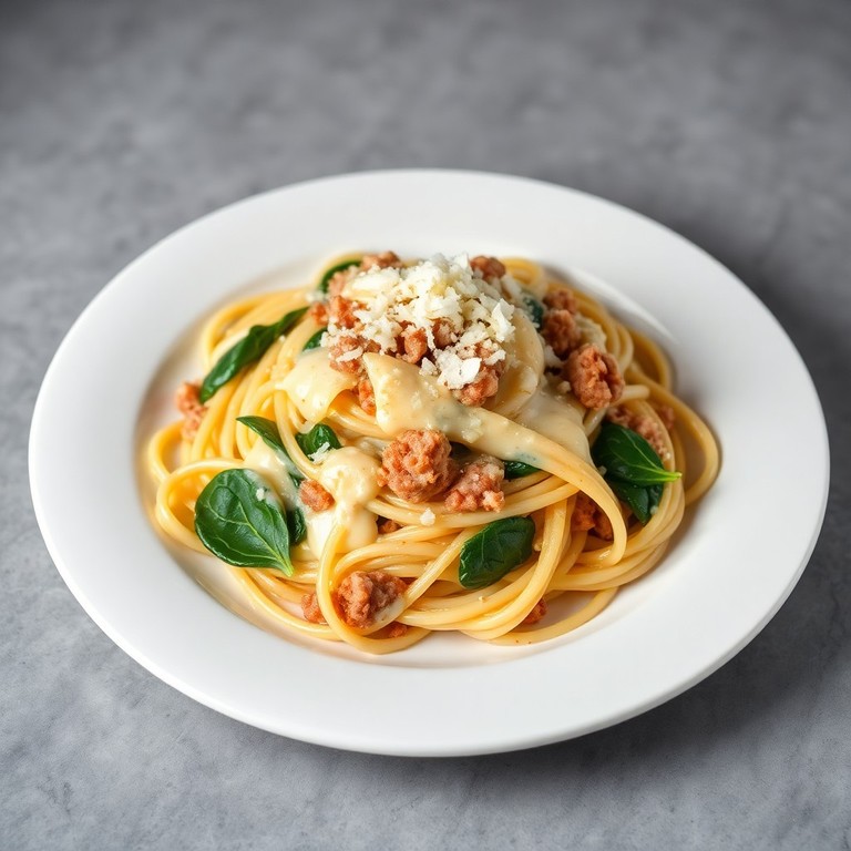 Romige Spaghetti met Bechamelsaus, Spinazie en Gehakt