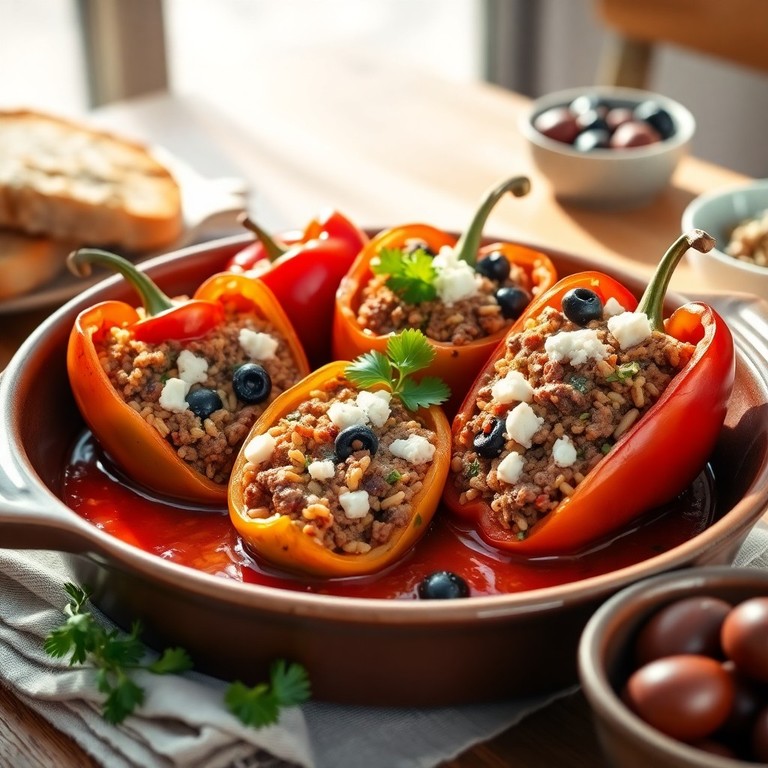 Mediterrane gefüllte Paprika mit Hackfleisch und Oliven