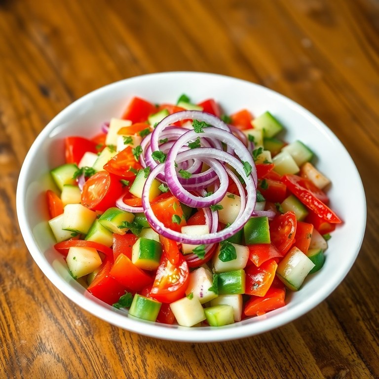 Свежий салат с хрустящим луком и овощами