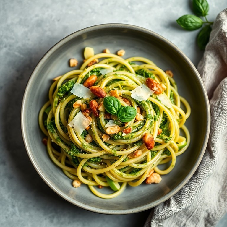 Spargel-Pesto-Pasta mit gerösteten Nüssen