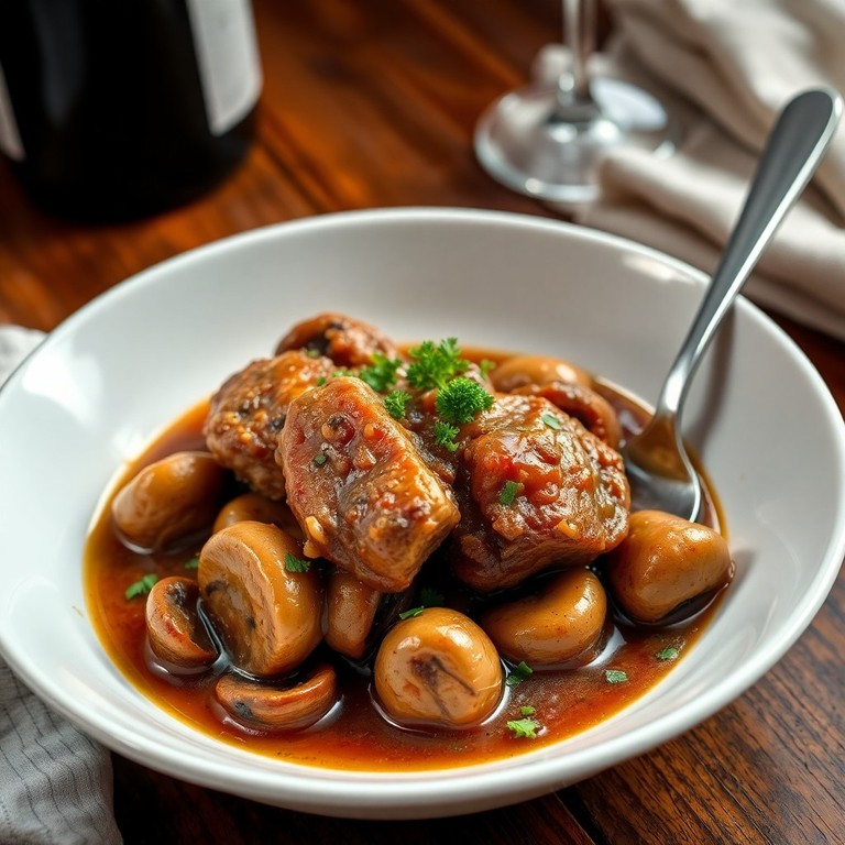 Joue de porc mijotée aux champignons et vin blanc