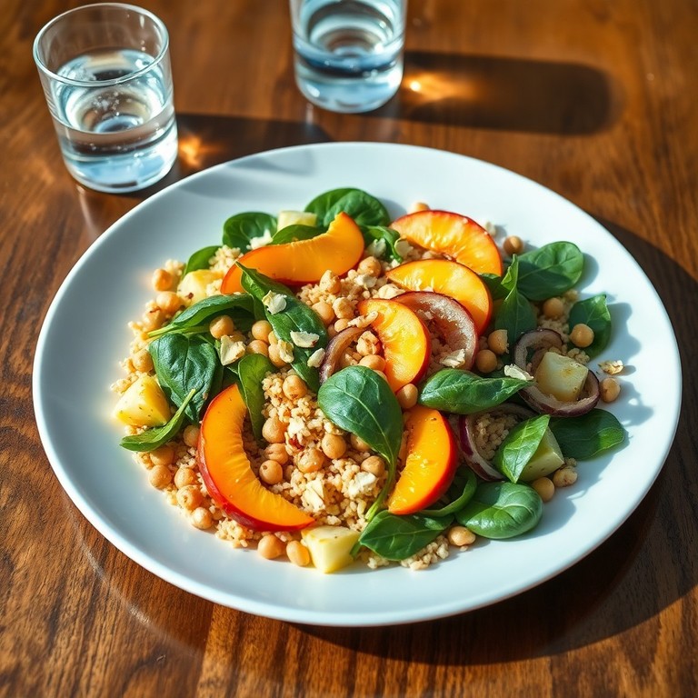 Pfirsich-Bulgur-Salat mit Kichererbsen, Spinat und Pistazien