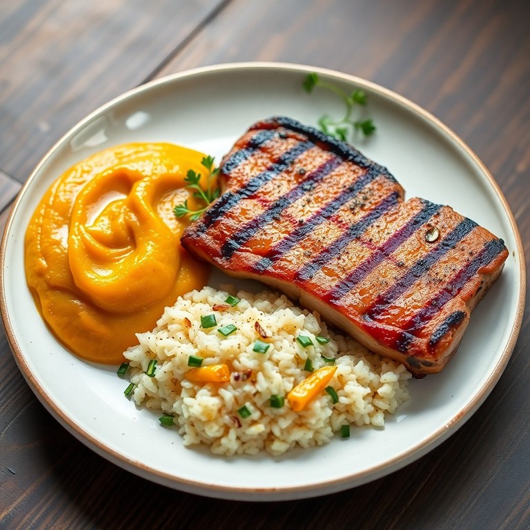 Bisteca Grelhada com Purê de Abóbora e Arroz Temperado