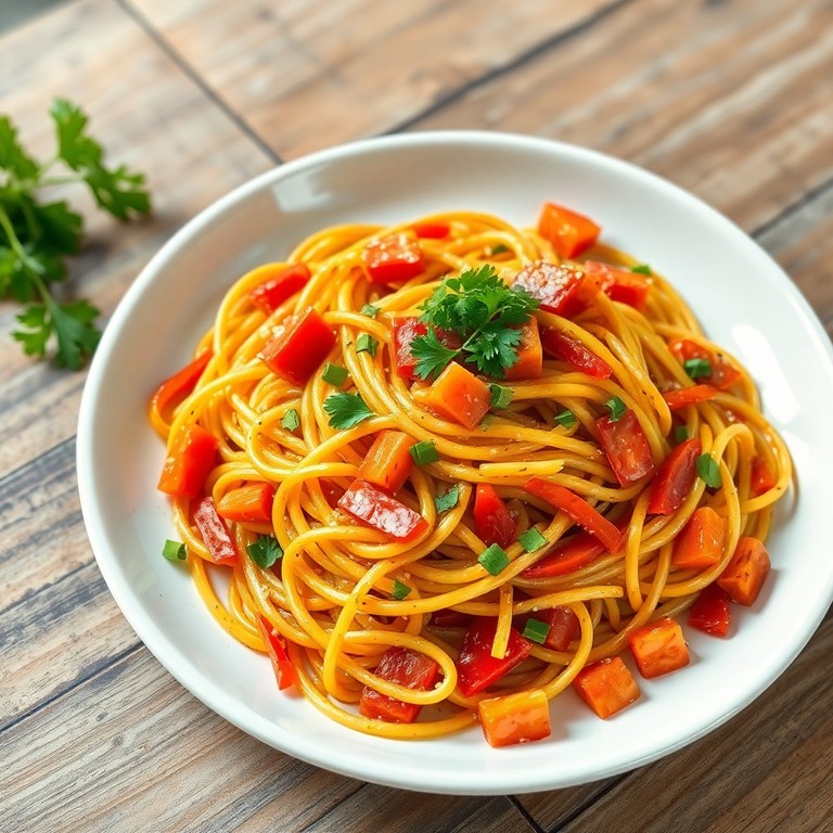Fideos salteados con papa criolla y verduras aromáticas