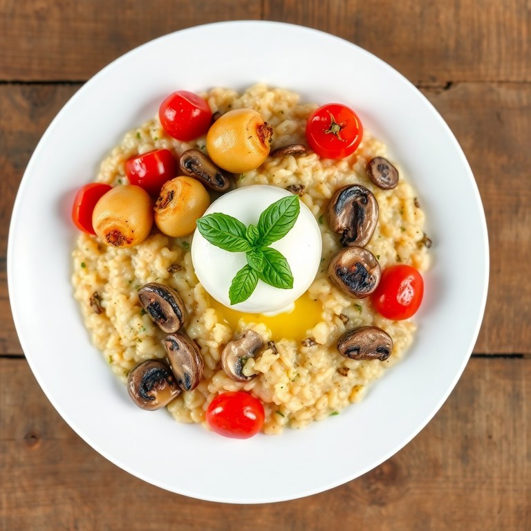 Risotto de Setas, Tomates Cherry y Burrata con Ñoquis de Patata