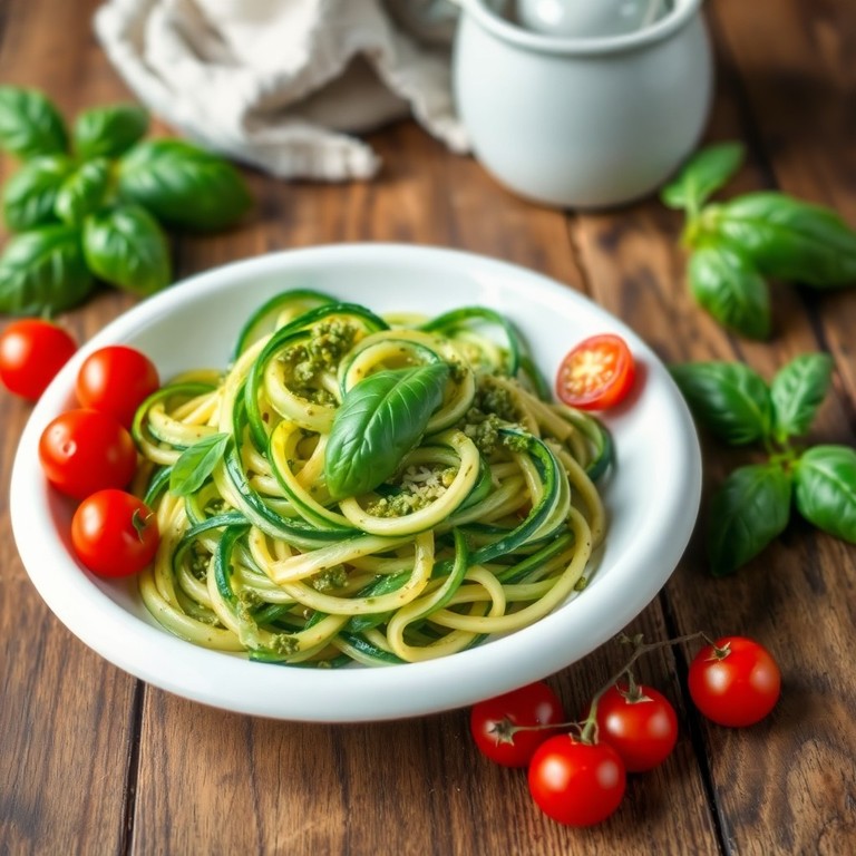Zucchini Ribbon Noodles with Pesto and Cherry Tomatoes