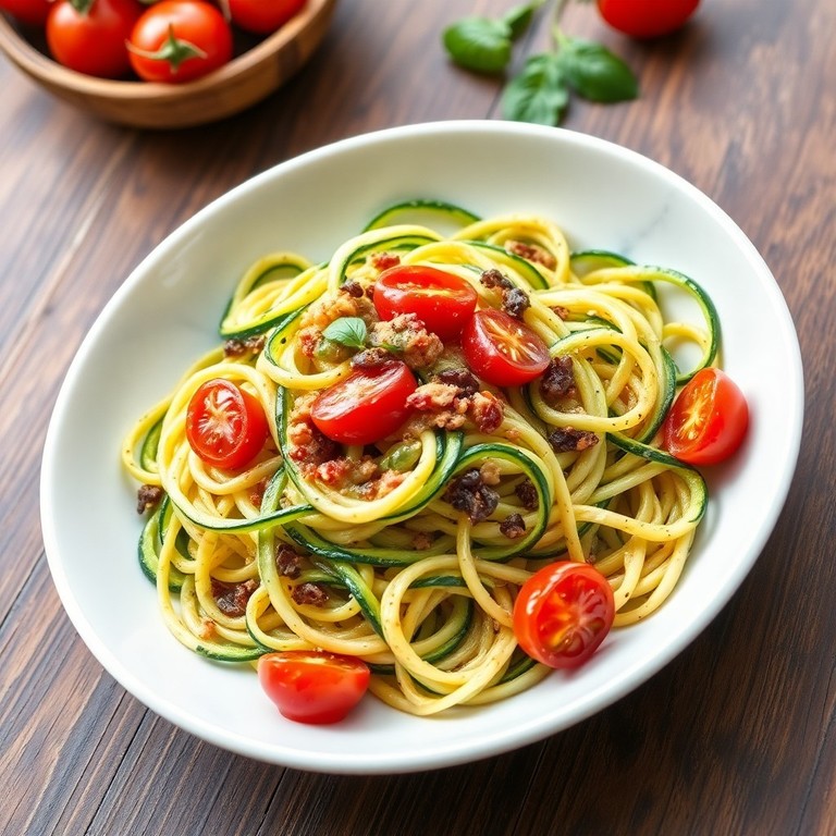 Zucchini Ribbon Noodles with Sun-Dried Tomato Pesto and Cherry Tomatoes