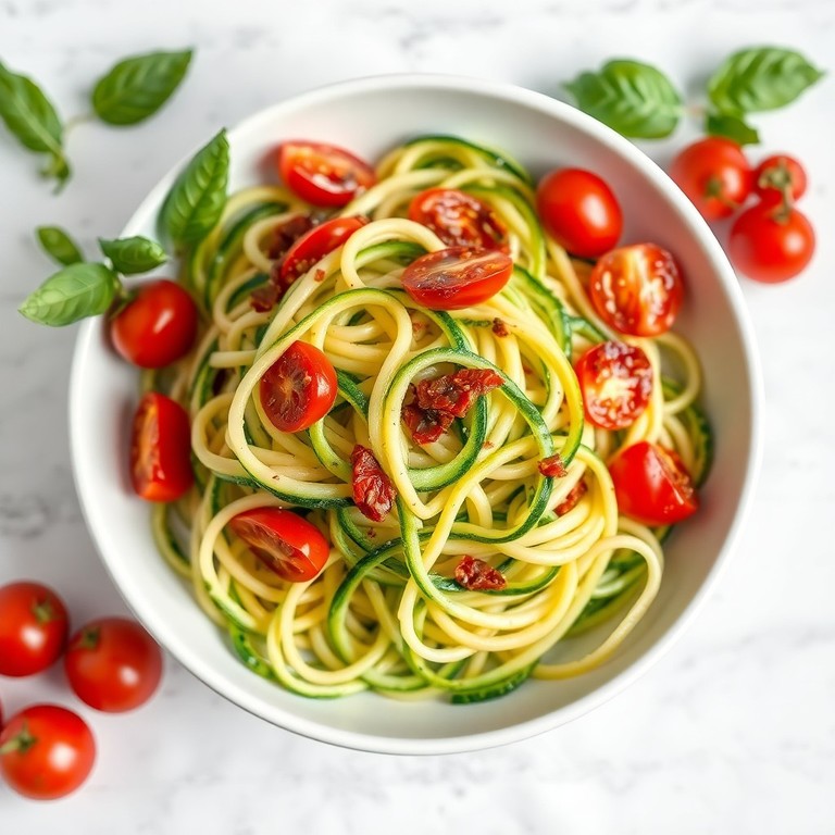 Zucchini Ribbon Noodles with Sun-Dried Tomato Pesto and Cherry Tomatoes (No Food Processor Needed)