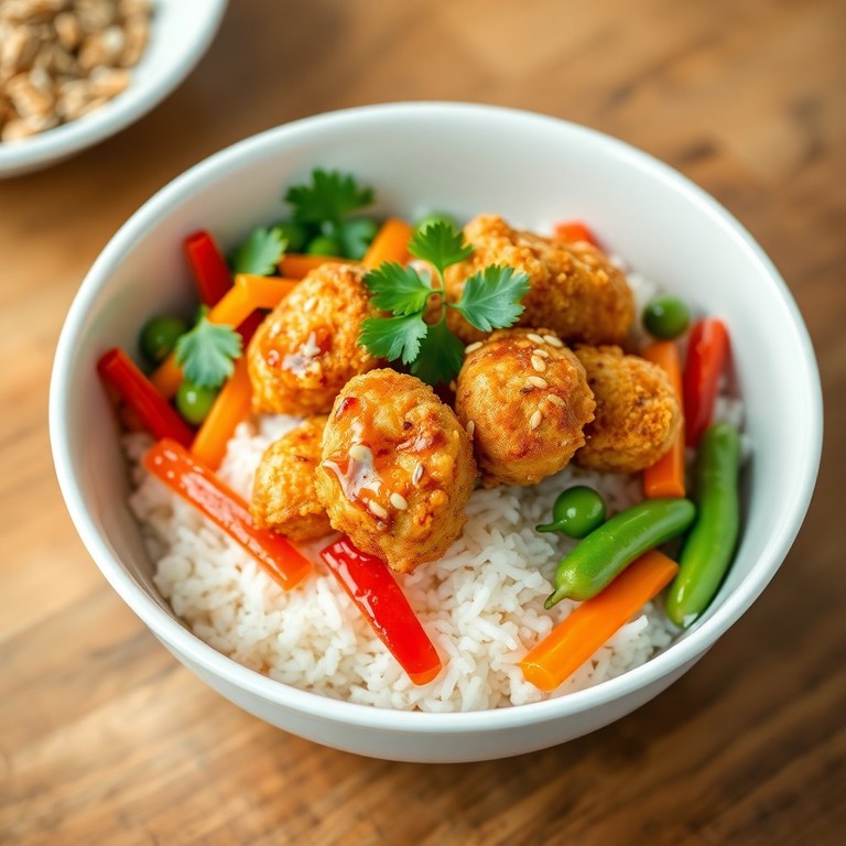 Asiatisches Reisbowl mit knusprigen Hähnchen-Nuggets