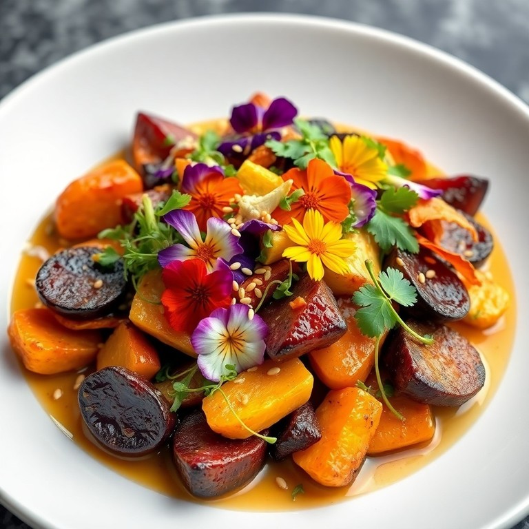 Ensalada Templada de Flores Comestibles y Raíces Asadas en Aceite de Sésamo