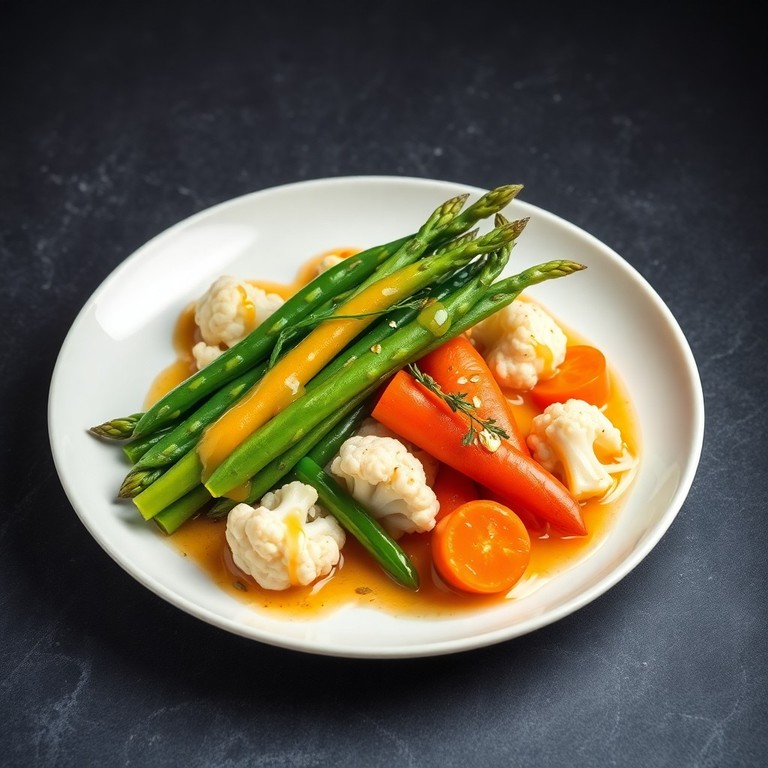 Vegetales al vapor con salsa de oro comestible