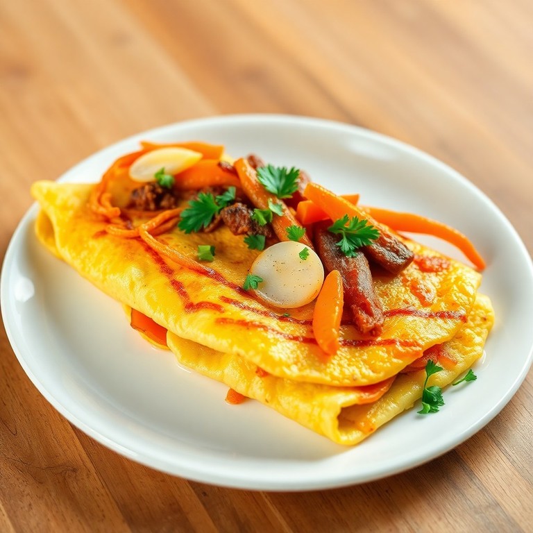 Omelette aux lardons, carottes et fenouil sautés