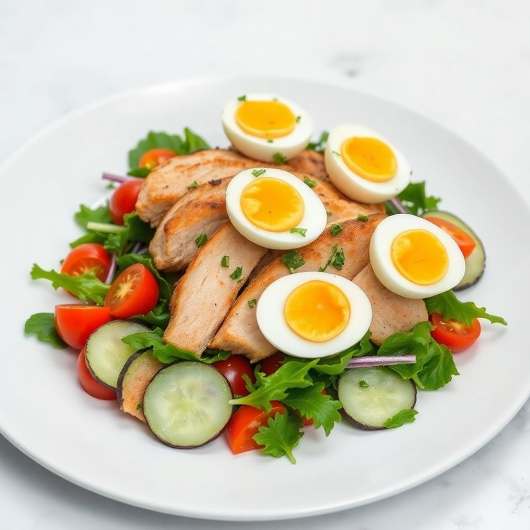 Теплый салат с перепелиными яйцами и куриным филе