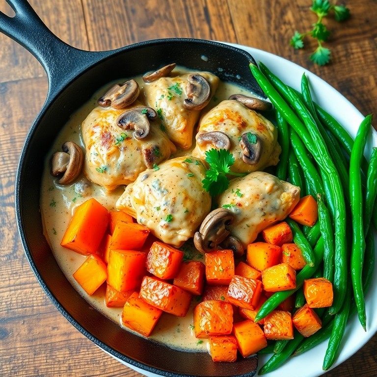 Creamy Chicken and Mushroom Skillet with Roasted Sweet Potatoes and Green Beans