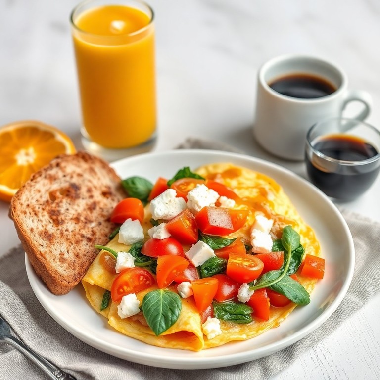 Omelette Mediterráneo con Zumo de Naranja y Pan Integral