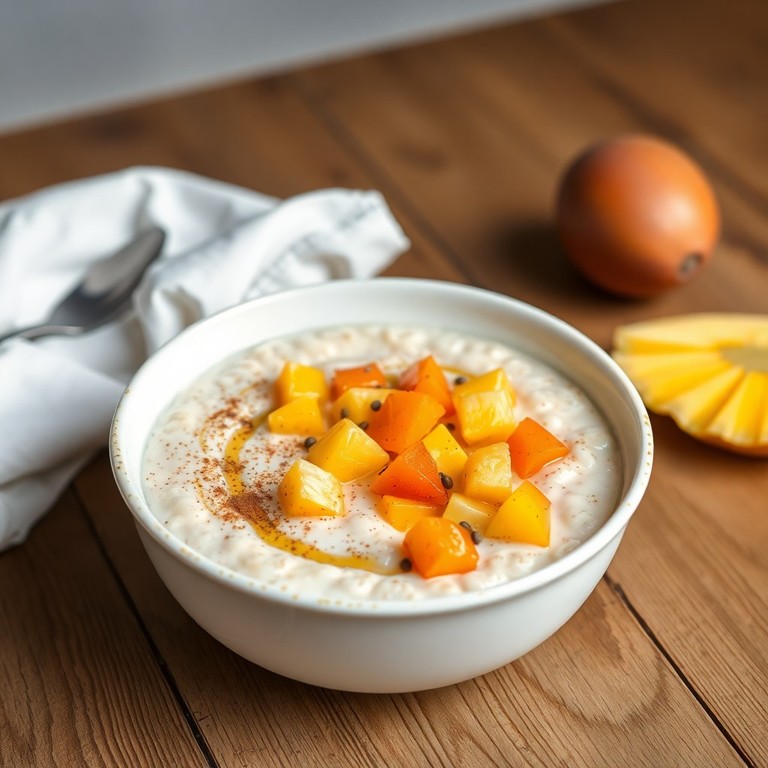 Haferbrei mit Ei und tropischen Früchten