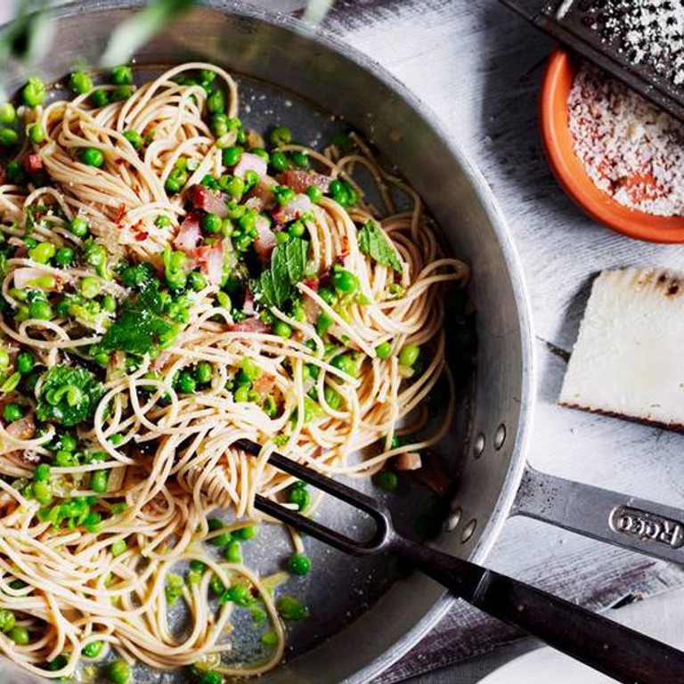 Leichte Carbonara mit Erbsen und Schinken