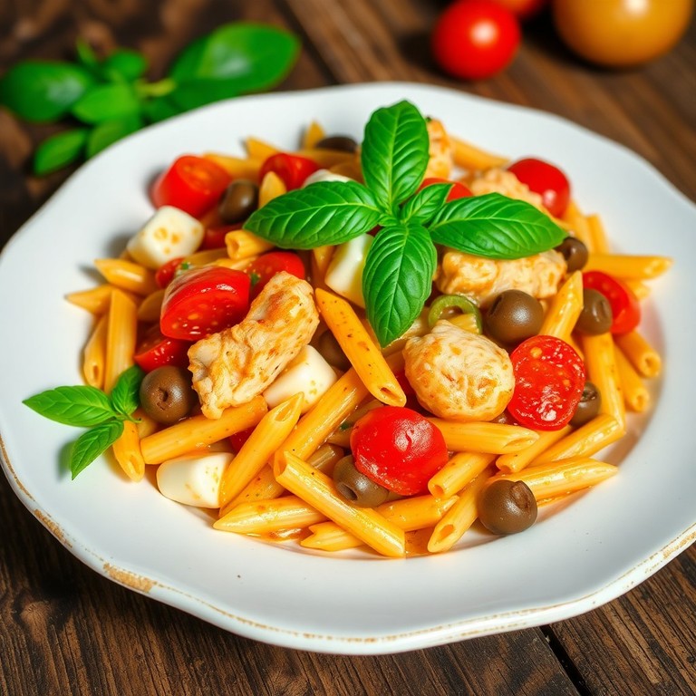 Macarrão ao estilo mediterrâneo com frango e azeitonas