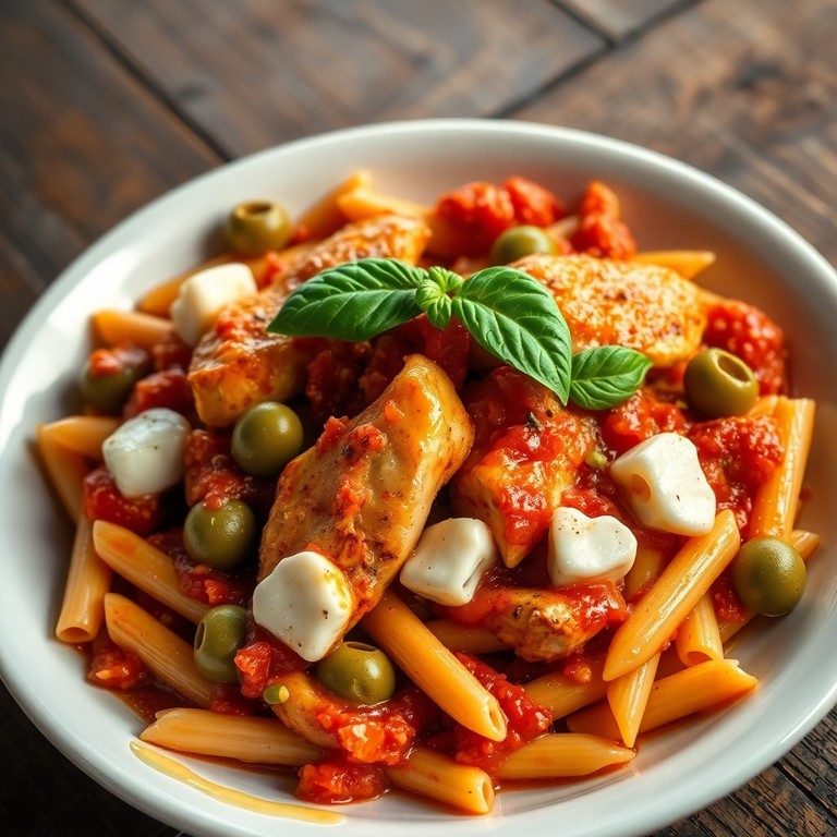 Macarrão ao estilo mediterrâneo com frango e azeitonas