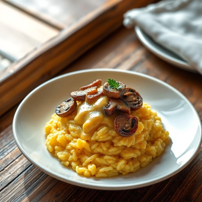 Risotto allo zafferano con crema di parmigiano e porcini