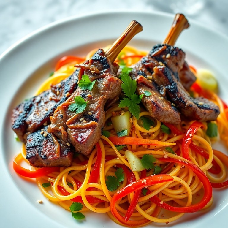 Grilled Lamb with Wide Noodle Salad and Oriental Dressing