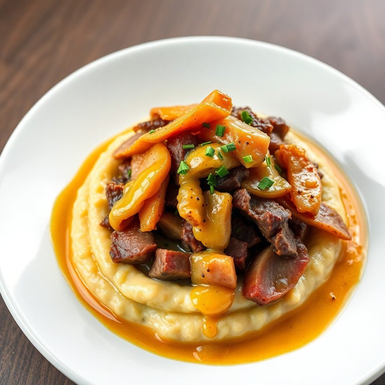 Puré de Verduras con Carne Salteada y Salsa de Queso