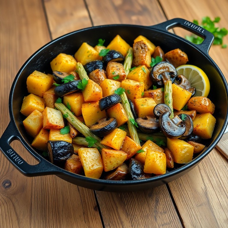 Mediterrane Kartoffel-Auberginen-Pfanne mit Spargel und Champignons ...