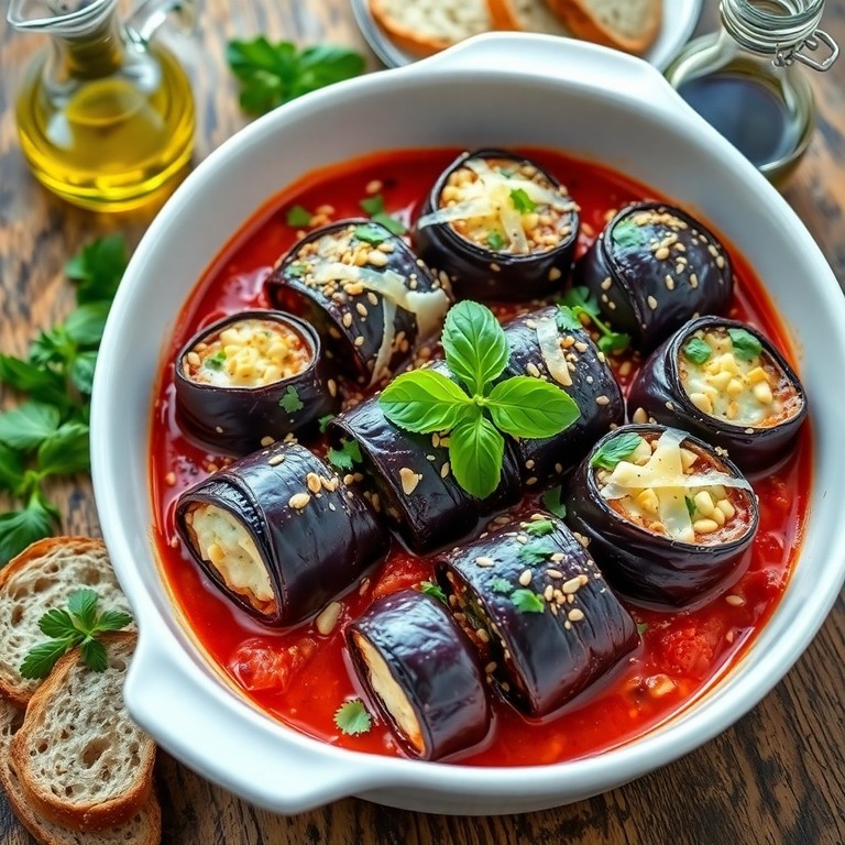 Mediterrane Auberginenröllchen mit Ingwer-Knoblauch-Sesam-Füllung