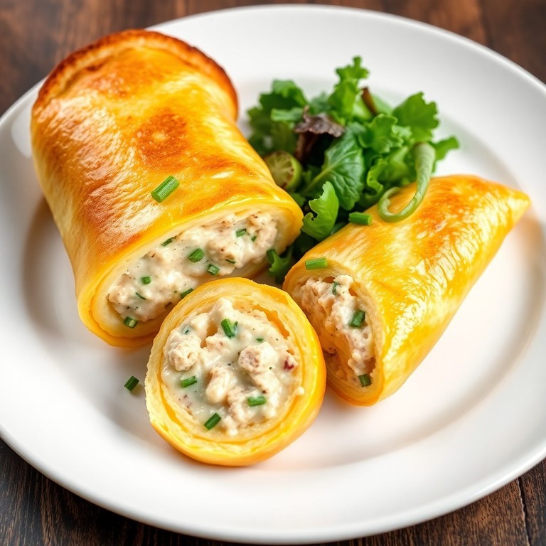 Omelette roulée au thon, crème et fromage