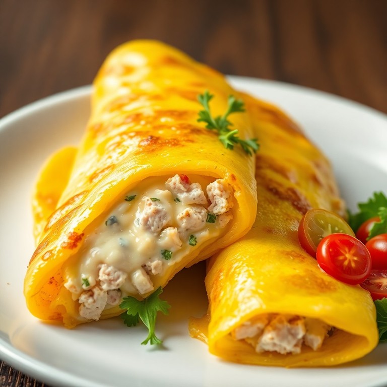 Omelette roulée au thon, crème et fromage