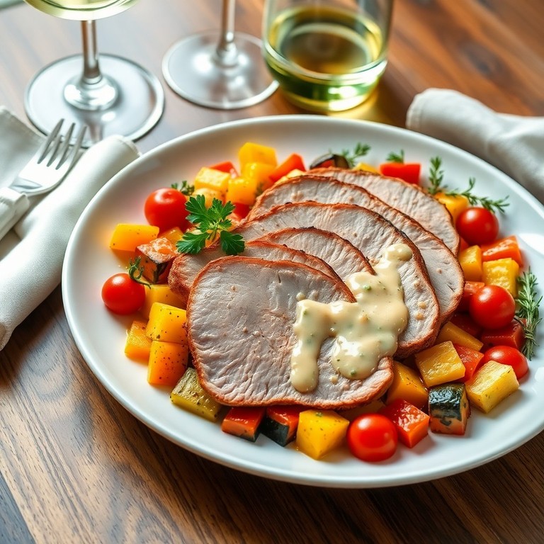 Zarte Schweinelende mit Kräuter-Gemüsepfanne