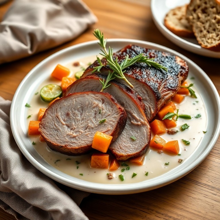 Schweinelende im Ofen mit cremiger Gemüsesauce und Rosmarin - Mr. Cook