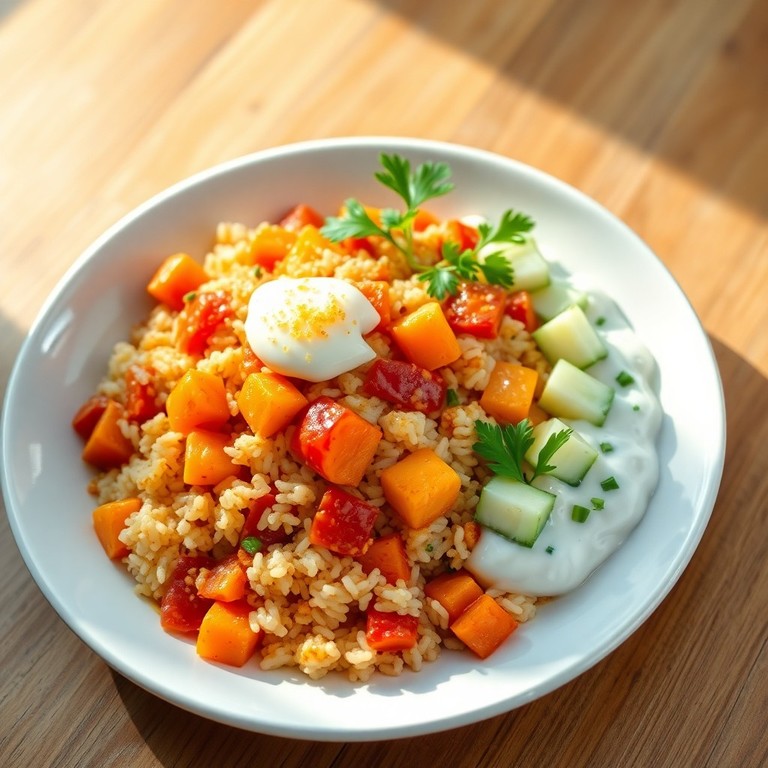 Vegetarische Reis-Gemüsepfanne mit cremiger Joghurtsauce