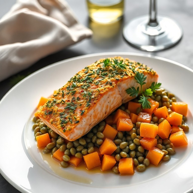 Saumon en Croûte d'Herbes et Lentilles Vichy