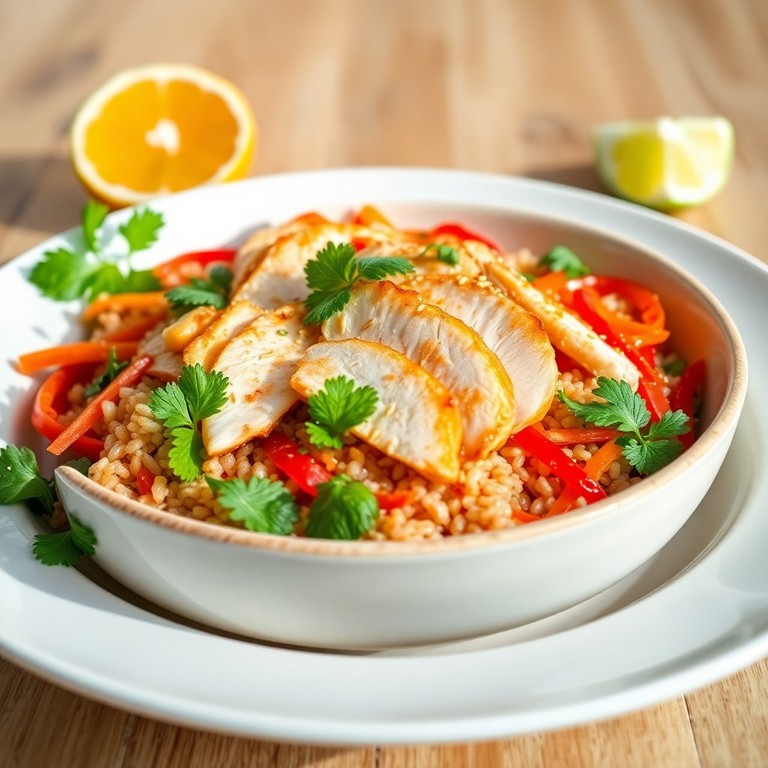 Salade froide de poulet, riz complet et saveurs orientales