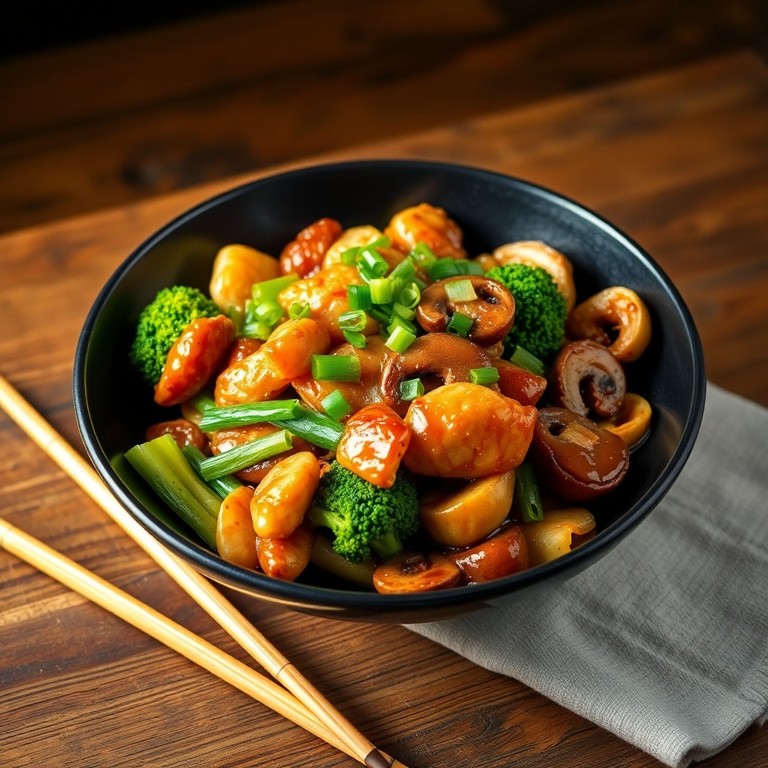 Stir-fry de Frango com Alho-Francês e Cogumelos ao Estilo Asiático