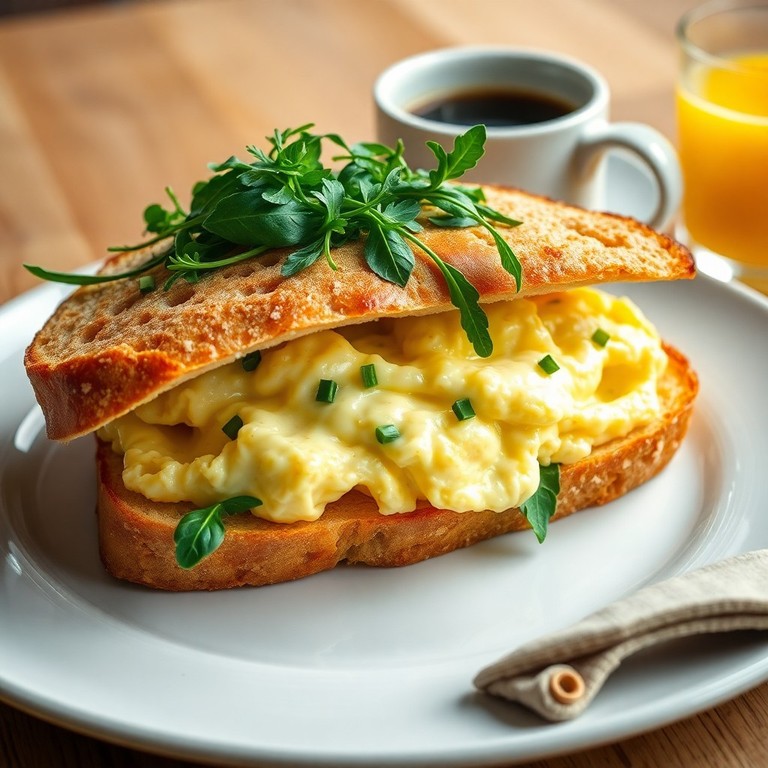 Sanduíche de Café da Manhã com Ovos Mexidos e Pães Artesanais