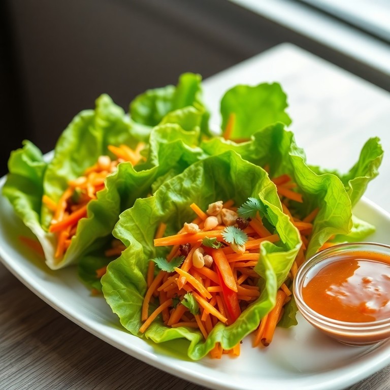 Lettuce Wraps with Carrot Slaw and Spicy Peanut Sauce