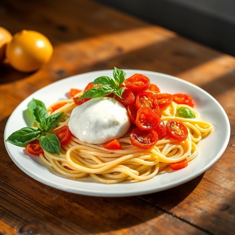 Linguine alla Chitarra con Burrata e Pomodorini Secchi