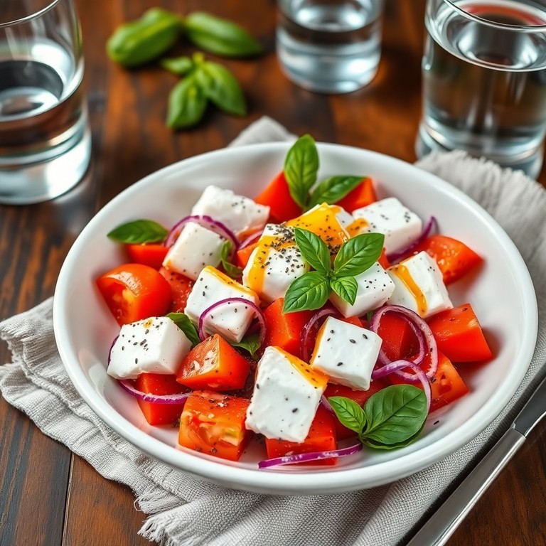 Ensalada fría de requesón con tomate y albahaca