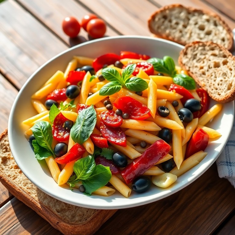 Mediterraner Penne-Salat mit getrockneten Tomaten, Oliven und Kapern