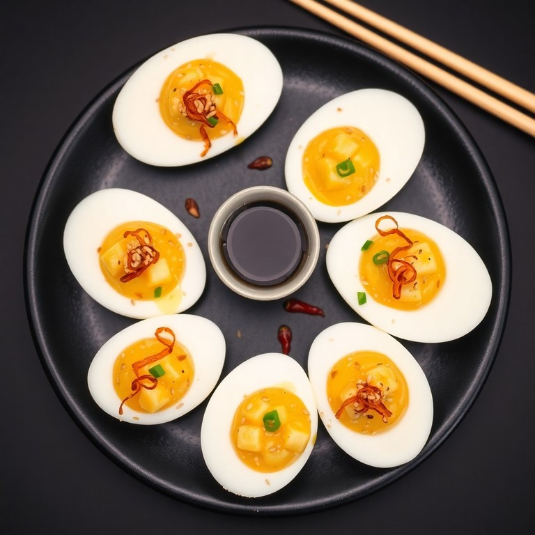 Asiatische Ei-Schiffchen mit Sojasauce, Frühlingszwiebeln und Sesam