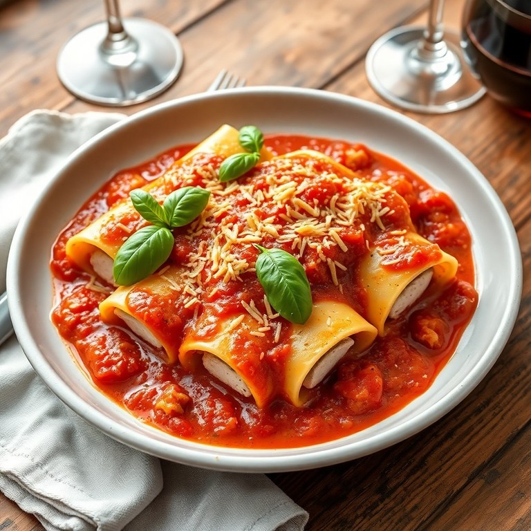 Pastas rellenas de pollo y salsa de tomate al estilo mediterráneo