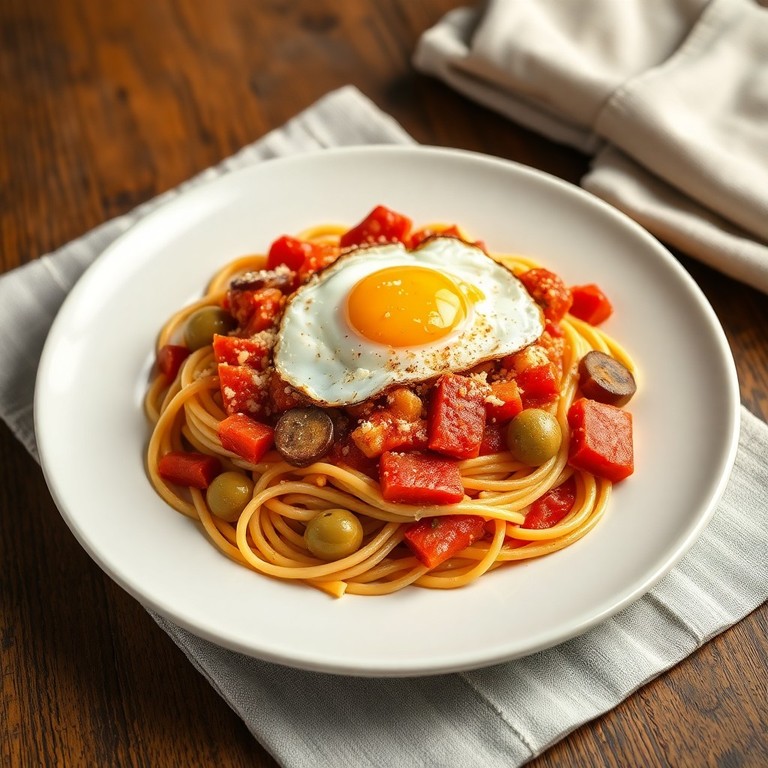 Guiso de Pasta Estilo Español con Salsa de Tomate y Jamón