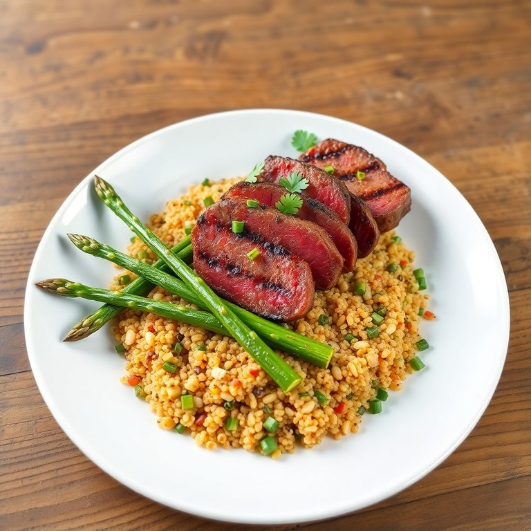 Bavette grillée aux asperges et quinoa aux épices