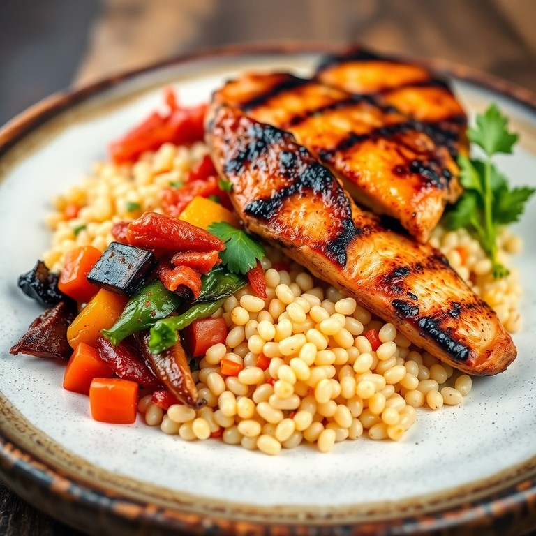 Couscous Perlé aux Légumes Rôtis et Kimchi, Sans Coriandre, Accompagné de Poulet Grillé
