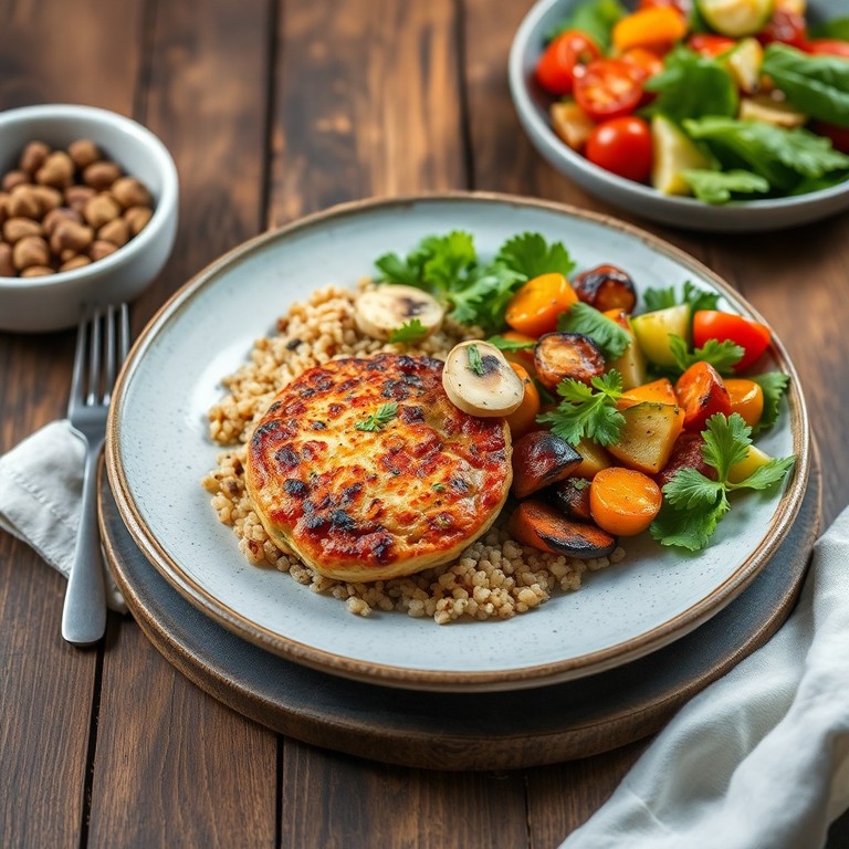 Galettes de Tofu et Champignons à la Méditerranéenne avec Quinoa et Légumes Rôtis